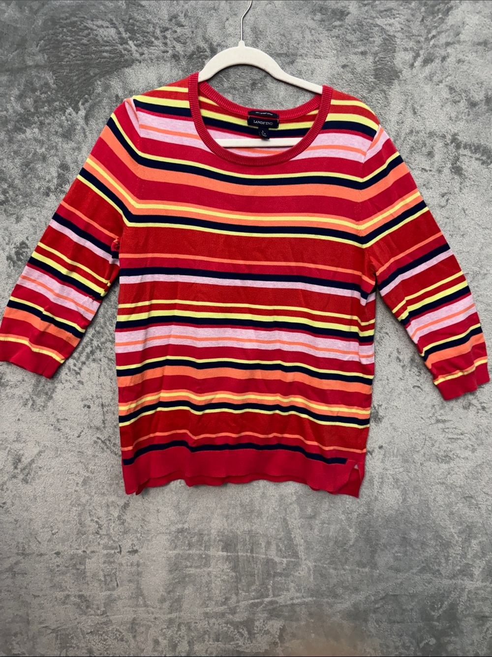 Lands' End Lg Bright Red Multi-Striped Sweater 3/4 sleeve supima cotton